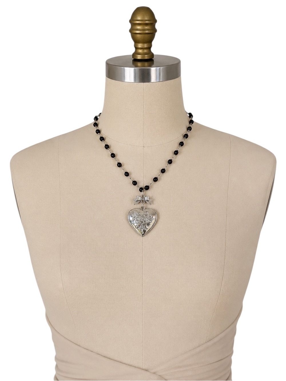Black Beaded Heart Locket Necklace